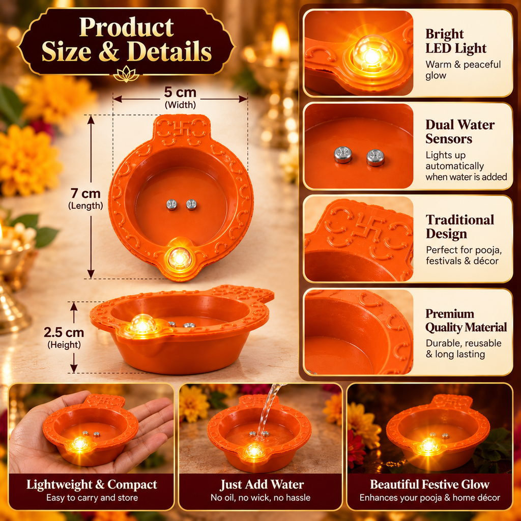 Water Sensor LED Diyas, Water Activated Flameless Decorative Lights for Diwali, Pooja and Festivals