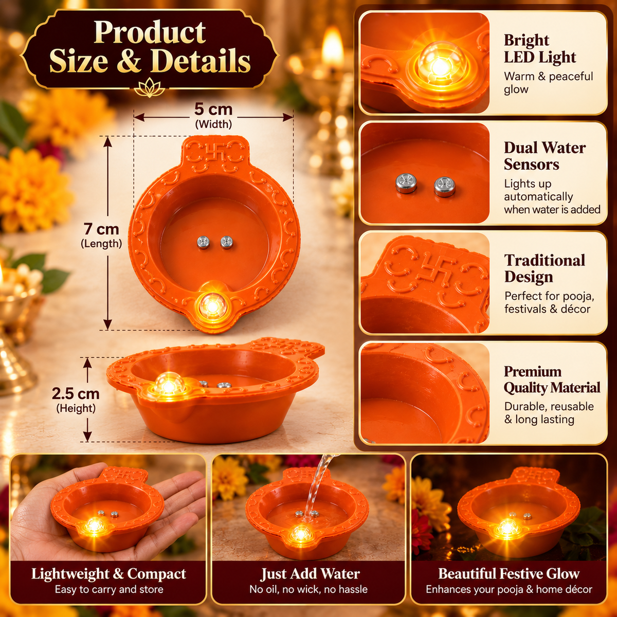 Water Sensor LED Diyas, Water Activated Flameless Decorative Lights for Diwali, Pooja and Festivals