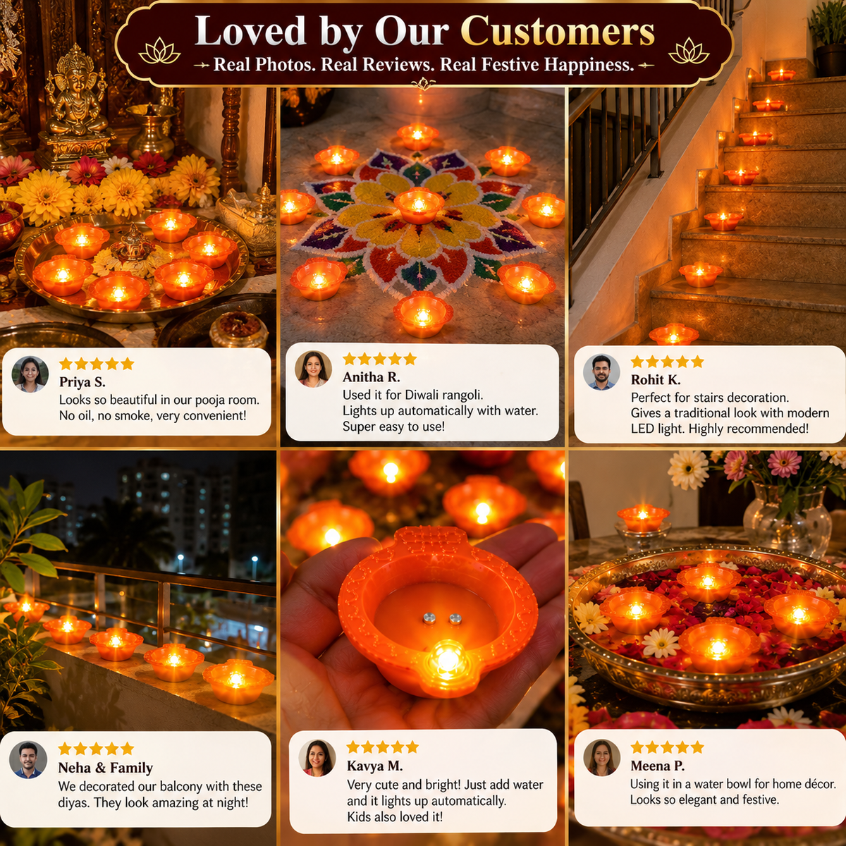 Water Sensor LED Diyas, Water Activated Flameless Decorative Lights for Diwali, Pooja and Festivals