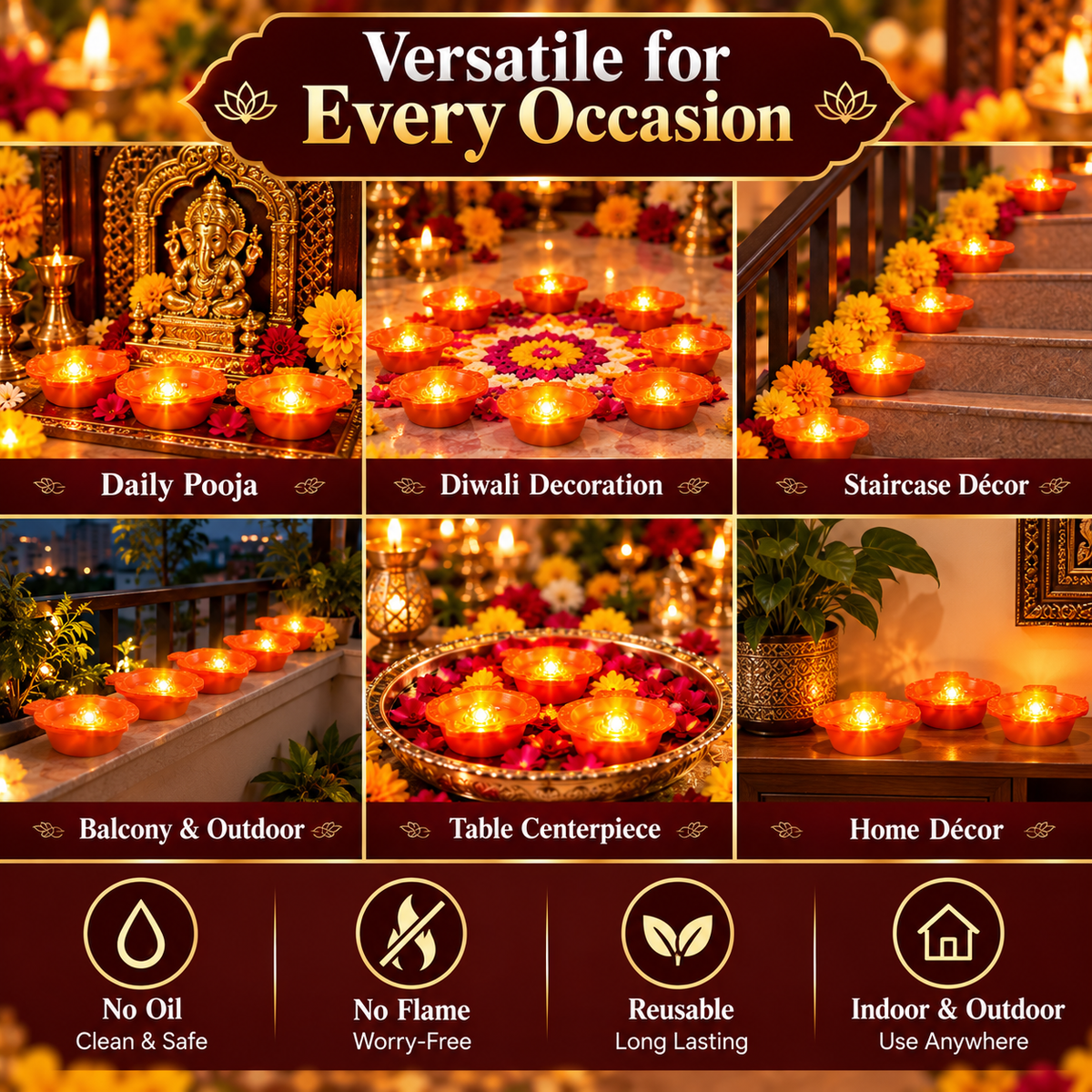 Water Sensor LED Diyas, Water Activated Flameless Decorative Lights for Diwali, Pooja and Festivals