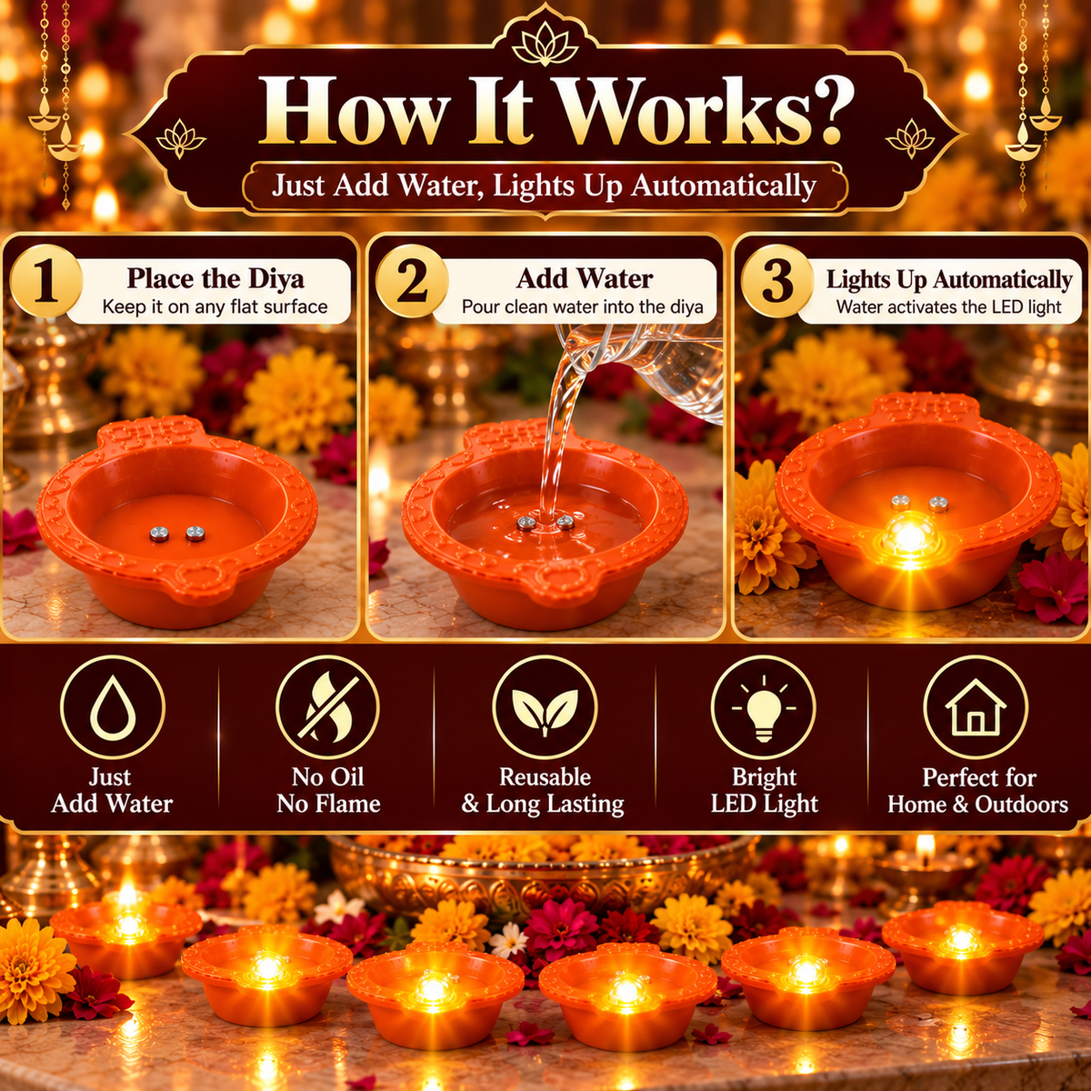 Water Sensor LED Diyas, Water Activated Flameless Decorative Lights for Diwali, Pooja and Festivals
