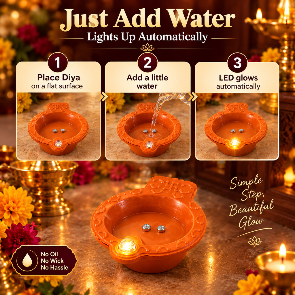 Water Sensor LED Diyas, Water Activated Flameless Decorative Lights for Diwali, Pooja and Festivals