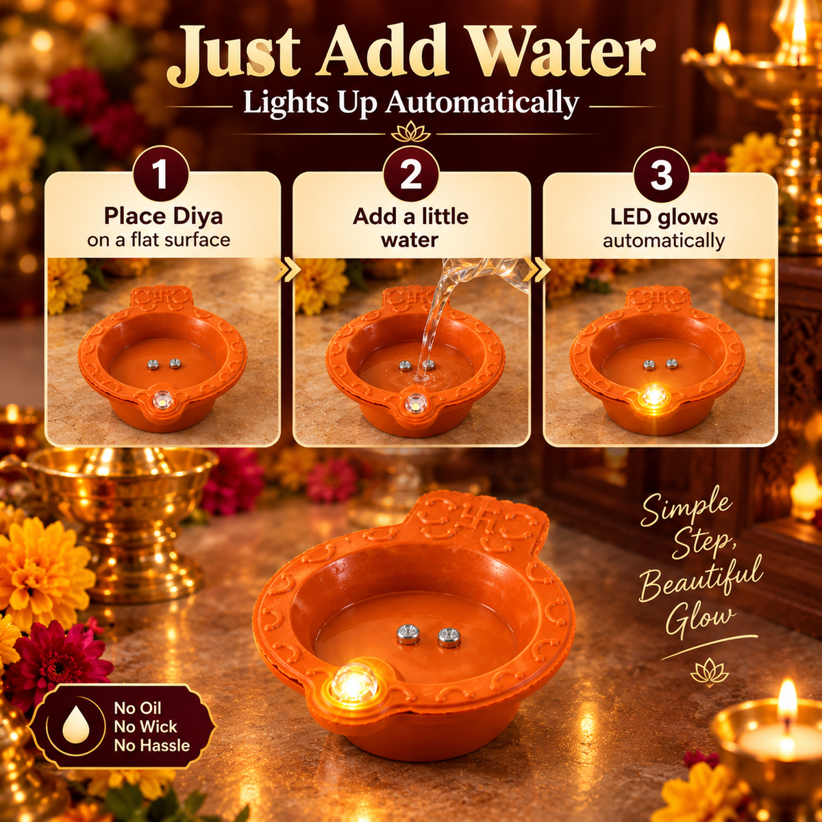 Water Sensor LED Diyas, Water Activated Flameless Decorative Lights for Diwali, Pooja and Festivals