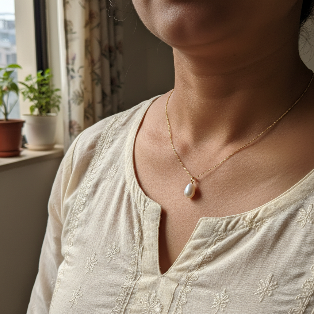 Close-up of pearl necklace being worn