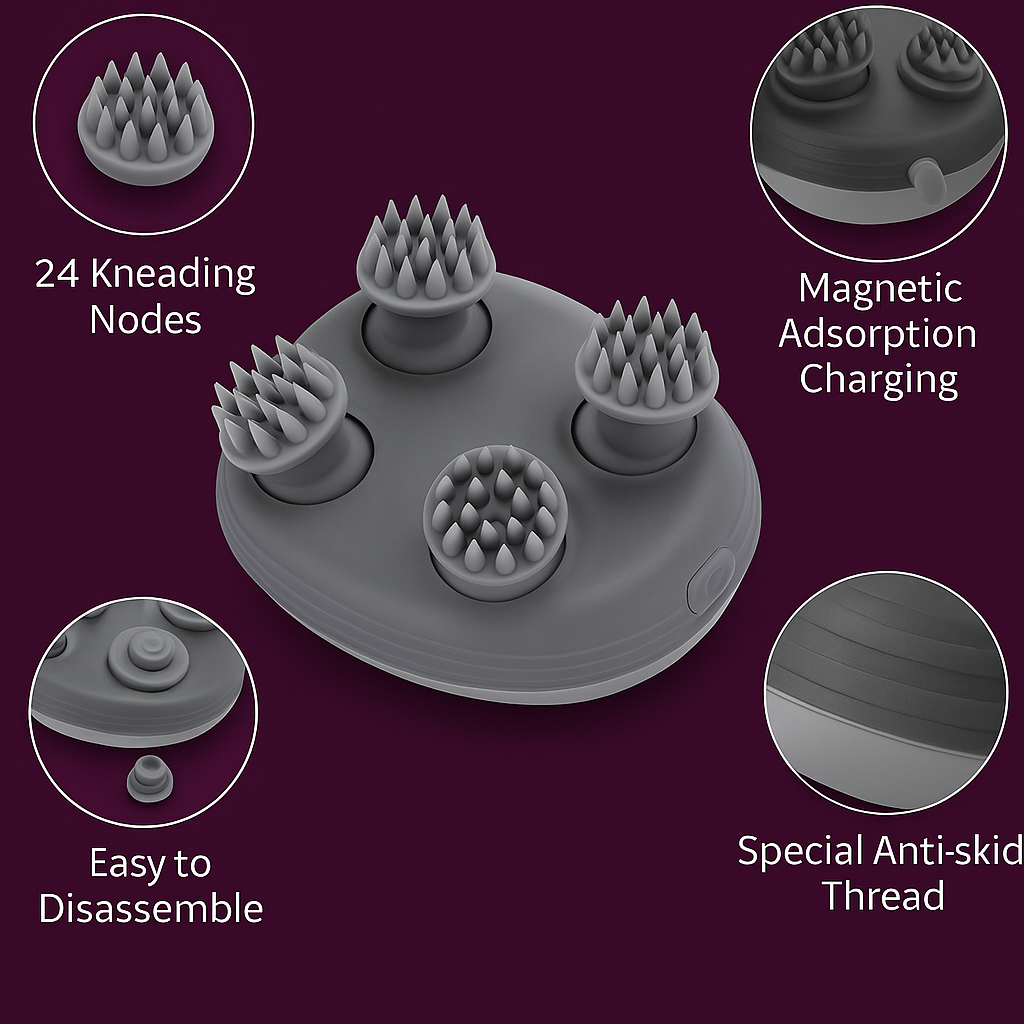 Electric Head Massager Features - Purple Background