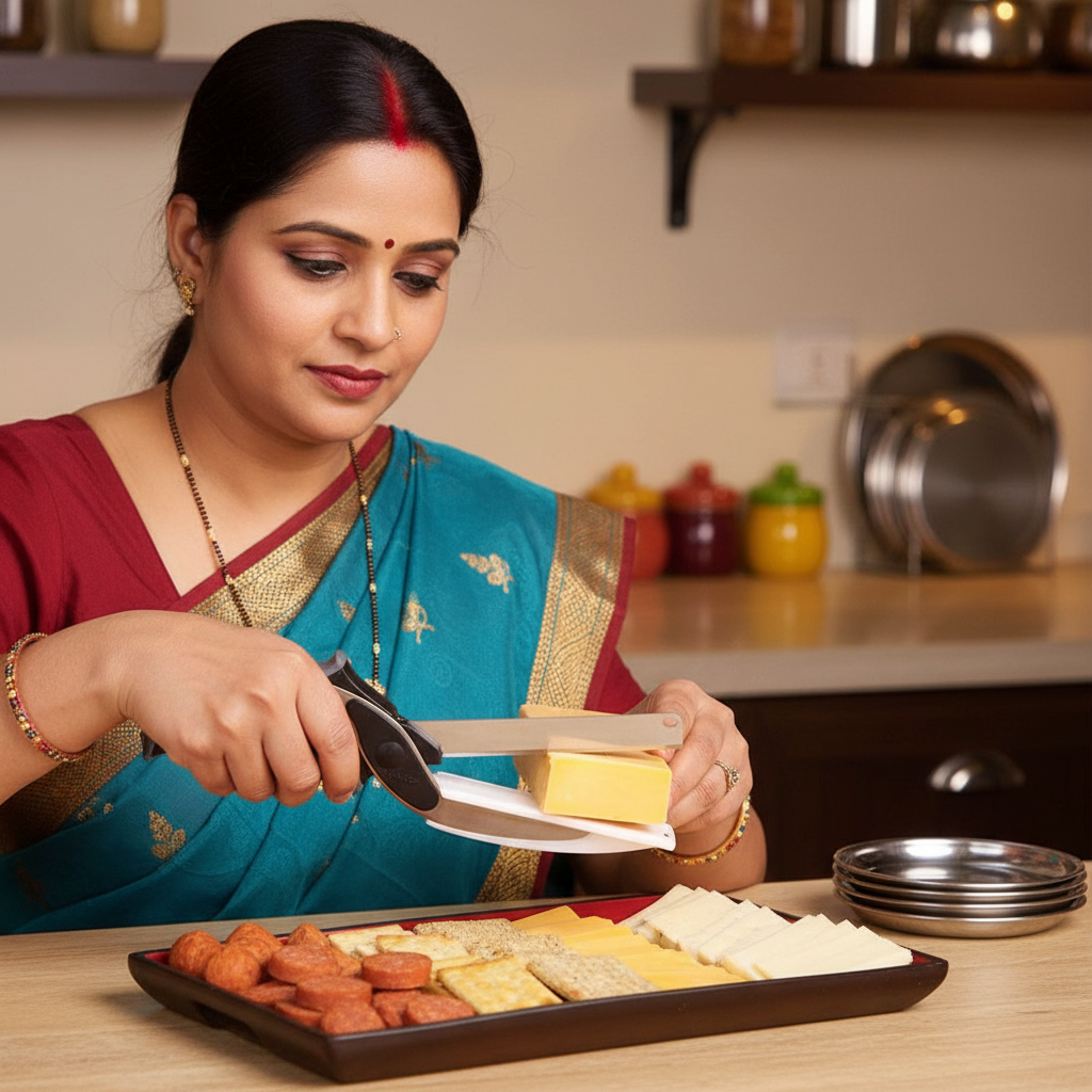 Indian Woman Cutting Cheese
