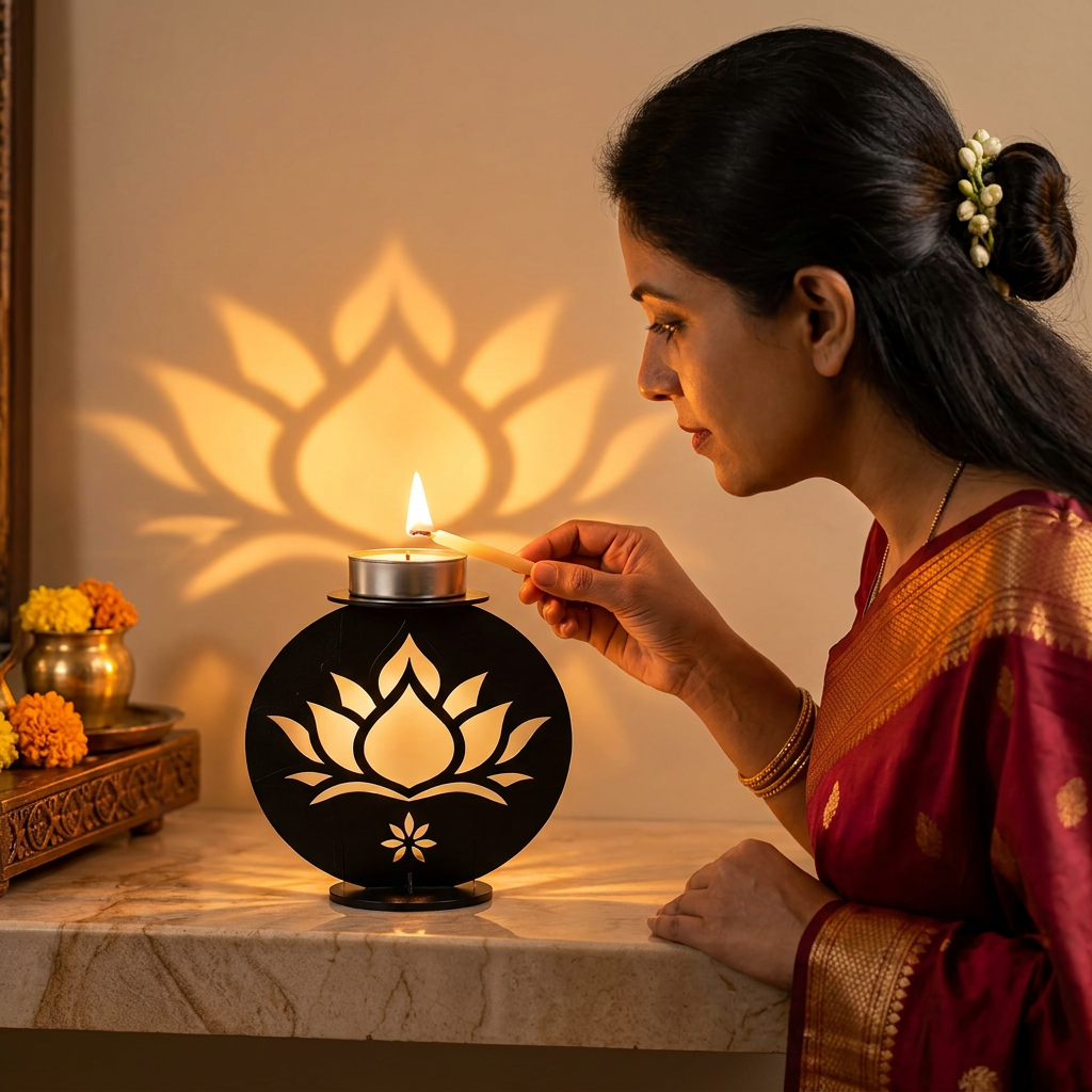 Indian woman lighting a diya on the lotus metal stand